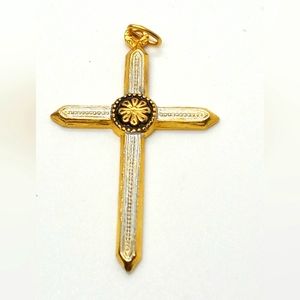 Gold Tone Metal Cross Pendant Silver Black On Gold Tone